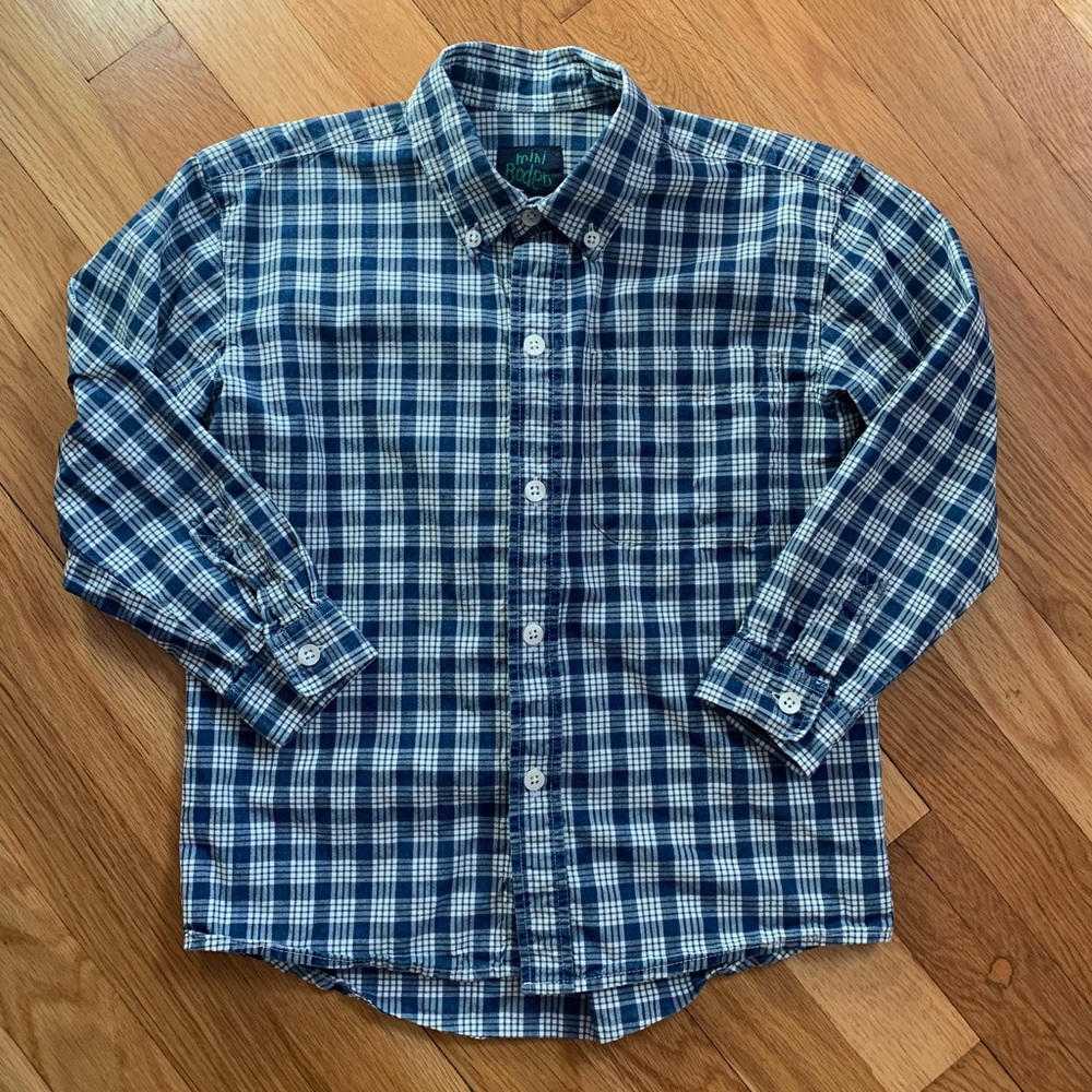 Mini Boden Boys’ 5-6Y Long Sleeve Navy/White Plaid Button-Down Shirt